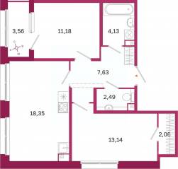 ЖК «Дом на Курской», планировка 2-комнатной квартиры, 60.76 м²