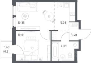 ЖК «Космический Квартал», планировка 1-комнатной квартиры, 33.44 м²