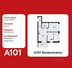ЖК «А101 Всеволожск», планировка 2-комнатной квартиры, 46.90 м²
