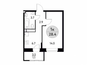 ЖК «Солнечная долина» (Щелково), планировка 1-комнатной квартиры, 28.40 м²