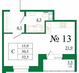 ЖК «Орловский бульвар», планировка студии, 32.30 м²