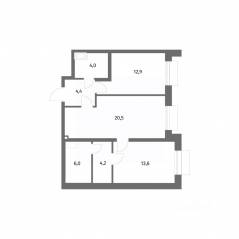 ЖК «Парусная 1», планировка 2-комнатной квартиры, 65.60 м²