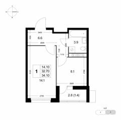 ЖК «Легенда Коренево», планировка 1-комнатной квартиры, 34.10 м²