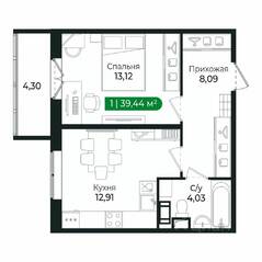 ЖК «Sertolovo Park», планировка 1-комнатной квартиры, 39.44 м²