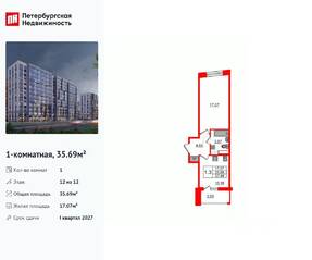ЖК «Бионика Заповедная», планировка 1-комнатной квартиры, 35.69 м²