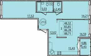 МЖК «Образцовый квартал 15», планировка 3-комнатной квартиры, 83.85 м²