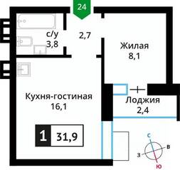 ЖК «Лесная Отрада», планировка 1-комнатной квартиры, 30.80 м²