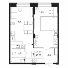 ЖК «Времена года», планировка 1-комнатной квартиры, 43.00 м²