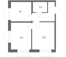 ЖК «Парусная 1», планировка 2-комнатной квартиры, 43.00 м²