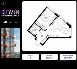 ЖК «Cityzen», планировка 1-комнатной квартиры, 42.70 м²