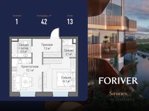 ЖК «Квартал Foriver», планировка 1-комнатной квартиры, 42.00 м²