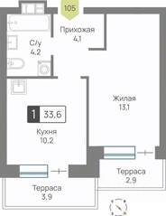 ЖК «Лесная Отрада», планировка 1-комнатной квартиры, 33.60 м²