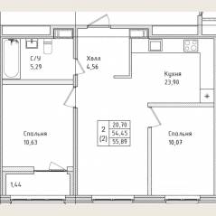 ЖК «Этала», планировка 2-комнатной квартиры, 55.89 м²