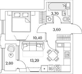 ЖК «Тайм Сквер», планировка 1-комнатной квартиры, 32.50 м²