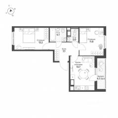 ЖК «Клюква.Парк», планировка 2-комнатной квартиры, 54.60 м²