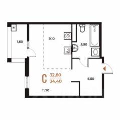 ЖК «Новое Летово», планировка студии, 34.40 м²