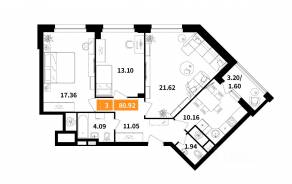 ЖК «Планерный квартал», планировка 3-комнатной квартиры, 80.92 м²