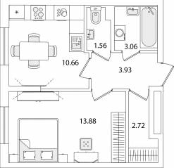 ЖК «Кинопарк», планировка 1-комнатной квартиры, 35.81 м²