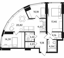 ЖК «Solos», планировка 3-комнатной квартиры, 90.82 м²