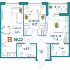 ЖК «Графика», планировка 2-комнатной квартиры, 59.20 м²