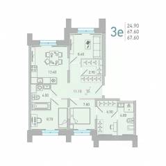 ЖК «Lovo», планировка 3-комнатной квартиры, 67.60 м²
