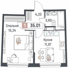 ЖК «Авиатор» (Девяткино), планировка 1-комнатной квартиры, 35.01 м²