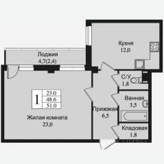 ЖК «Южная заря», планировка 1-комнатной квартиры, 53.60 м²