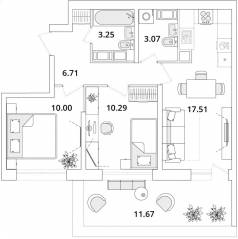 ЖК «БелАрт», планировка 2-комнатной квартиры, 53.80 м²