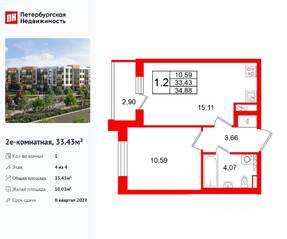МЖК «Универ Сити», планировка 1-комнатной квартиры, 33.43 м²