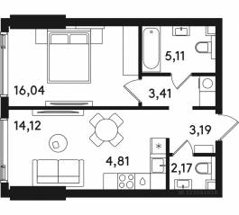 ЖК «Solos», планировка 1-комнатной квартиры, 48.85 м²