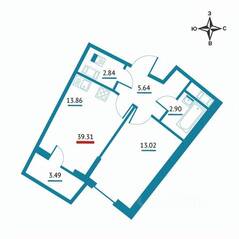 ЖК «Левитан», планировка 1-комнатной квартиры, 39.31 м²