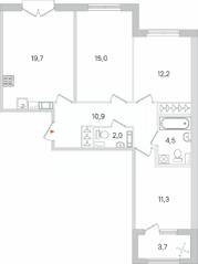 МЖК «Дубровский», планировка 3-комнатной квартиры, 77.45 м²