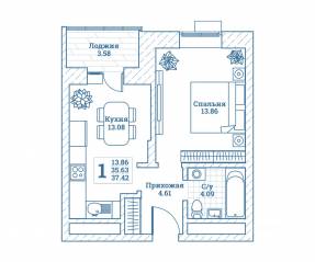 ЖК «Новоград Монино», планировка 1-комнатной квартиры, 39.80 м²