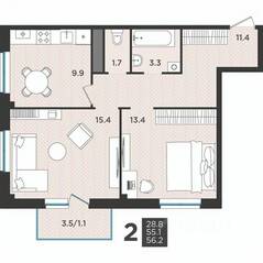 МЖК «Новокасимово», планировка 2-комнатной квартиры, 56.20 м²