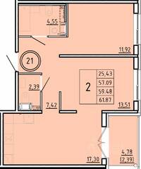 МЖК «Образцовый квартал 16», планировка 2-комнатной квартиры, 57.09 м²