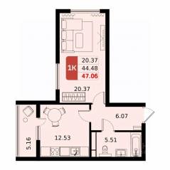 ЖК «ДОМодедово Парк», планировка 1-комнатной квартиры, 47.06 м²