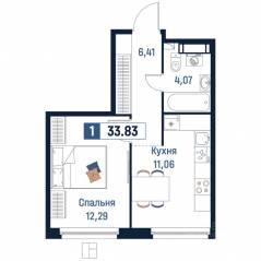 ЖК «Максималист», планировка 1-комнатной квартиры, 33.83 м²