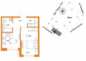 ЖК «Страна.Парковая», планировка 1-комнатной квартиры, 35.36 м²