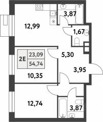 ЖК «Smart Garden», планировка 2-комнатной квартиры, 54.90 м²