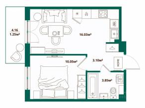 ЖК «ЛесART», планировка 1-комнатной квартиры, 34.28 м²