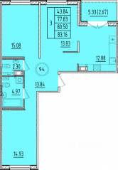 МЖК «Образцовый квартал 17», планировка 3-комнатной квартиры, 77.83 м²