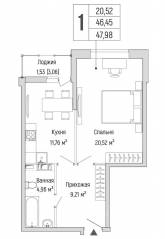 ЖК «Riga Hills», планировка 1-комнатной квартиры, 47.98 м²