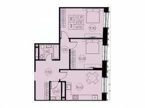 ЖК «7 небо», планировка 3-комнатной квартиры, 61.50 м²