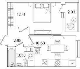ЖК «Кинопарк», планировка 1-комнатной квартиры, 31.07 м²