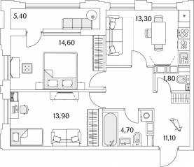 ЖК «Тайм Сквер», планировка 2-комнатной квартиры, 62.30 м²