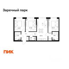 ЖК «Заречный парк», планировка 3-комнатной квартиры, 69.30 м²