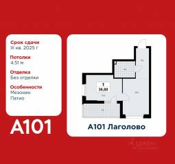 ЖК «А101 Лаголово», планировка 1-комнатной квартиры, 36.80 м²