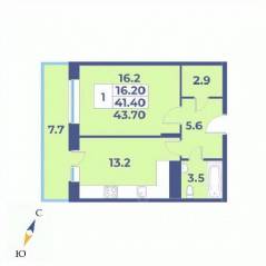 ЖК «Эдельвейс» (ЦентрСтрой), планировка 1-комнатной квартиры, 43.70 м²