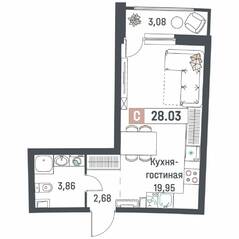 ЖК «Авиатор» (Девяткино), планировка студии, 28.03 м²