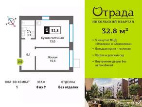 ЖК «Никольский квартал Отрада», планировка 1-комнатной квартиры, 32.80 м²